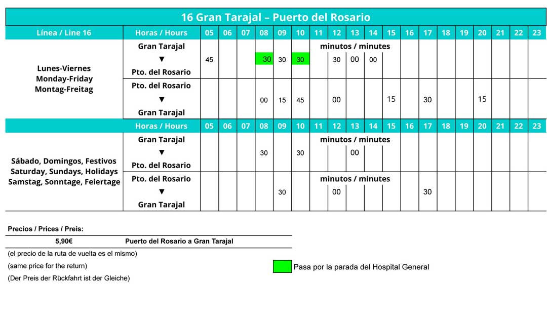 Timetable Bus L16 Gran Tarajal - Puerto del Rosario